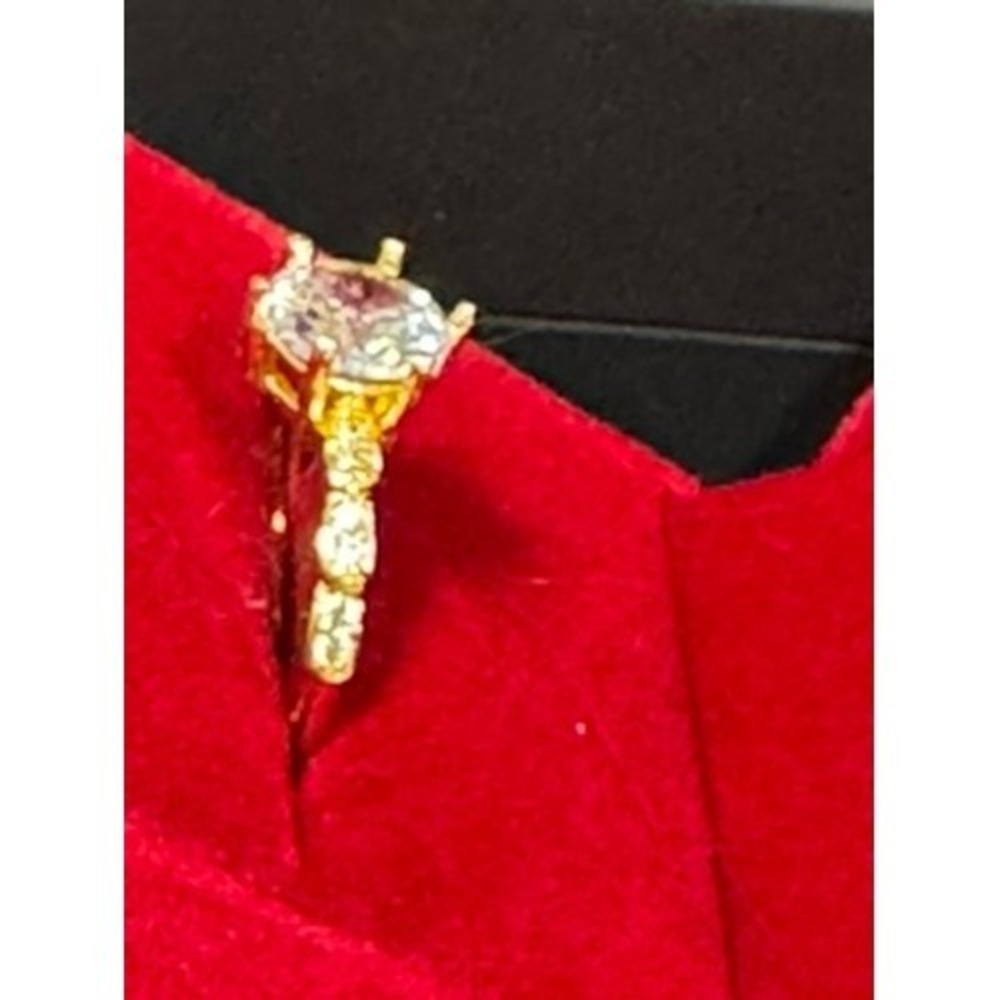Gold Tone Round Cut‎ Solitaire Engagement Ring Six Prong Pave Band Size 6.5 - Picture 2 of 5